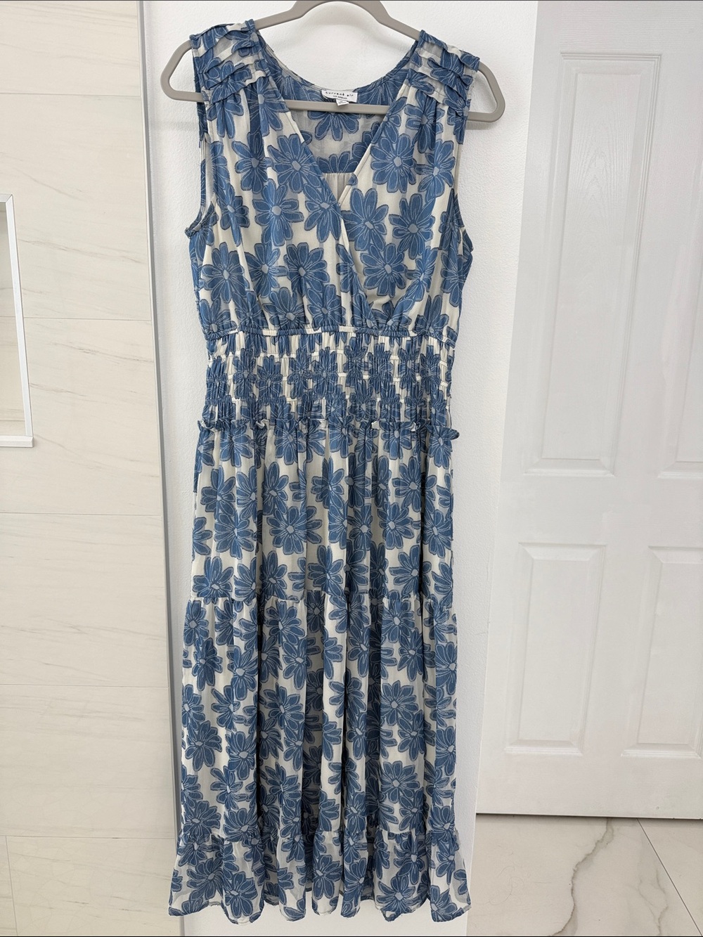Current Air Blue Floral V-Neck Smocked Waist Maxi Dress